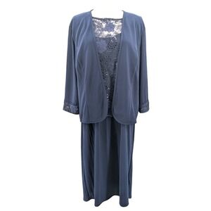 Lace Overlay Jacket Dress Set Navy Blue Sequin Embroidered Formal Size 16